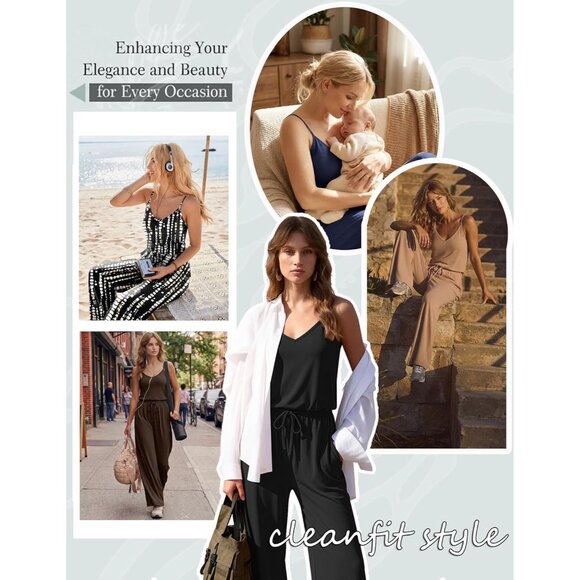 Women's Khaki Summer Dressy Sleeveless Wide Leg Long Pant Romper Jumpsuit - Picture 6 of 6